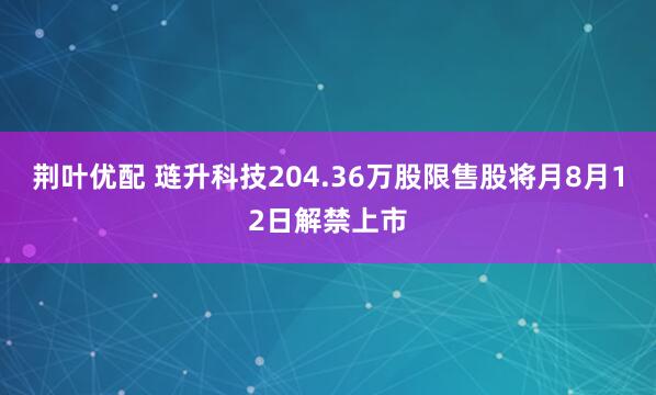 荆叶优配 琏升科技204.36万股限售股将月8月12日解禁上市